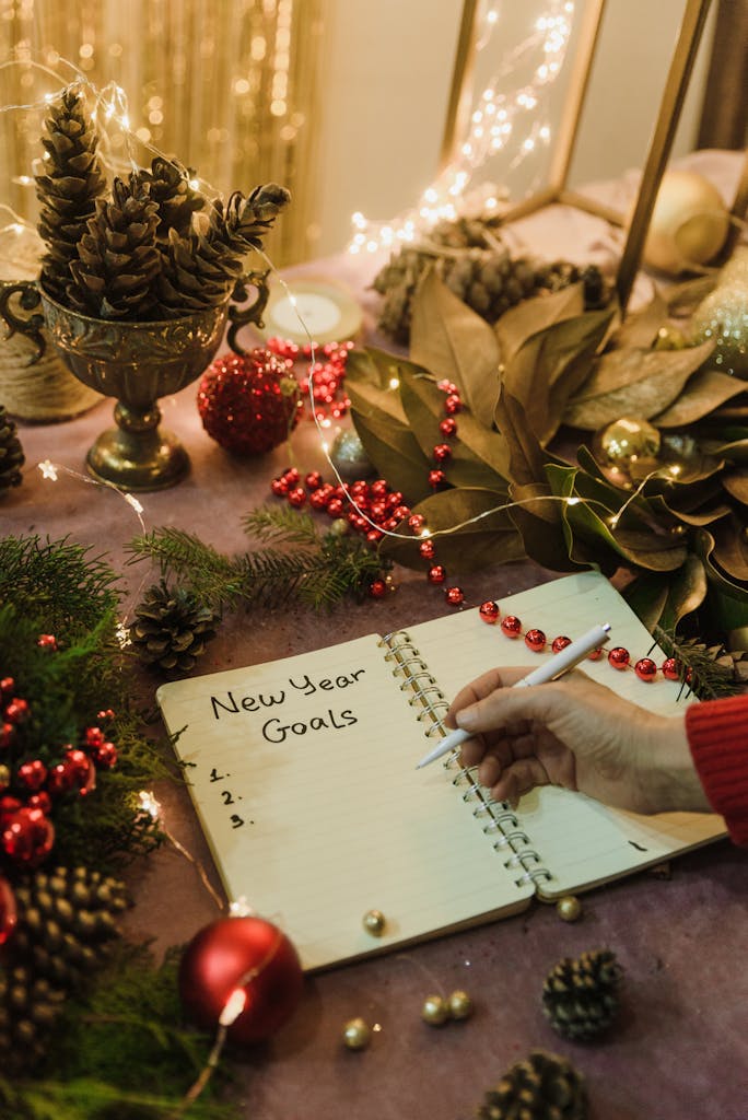 Hand writing New Year resolutions in a festive notebook surrounded by Christmas decorations and fairy lights indoors.